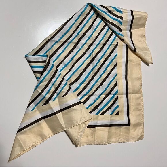 Mod Vintage 1960s Neutrals and Aqua Striped Scarf - Picture 3 of 5